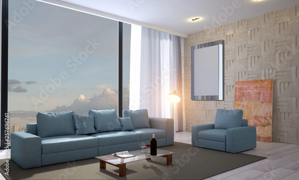 Fototapeta View of the large fabric sofa against the background of the panoramic window. The walls are made of decorated wooden panels.. 3D rendering. Blank paintings.  Mockup.