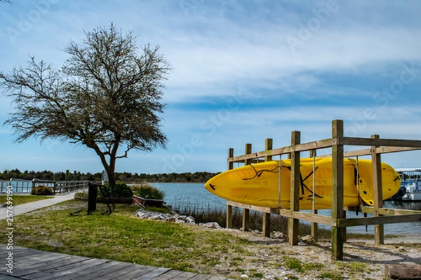 Obraz Yellow kayak in a wooden boat stand, single tree with blue sky, creek in the background. Outdoor scenes. These were taken in Beaufort NC, waterfront town in Carteret County North Carolina