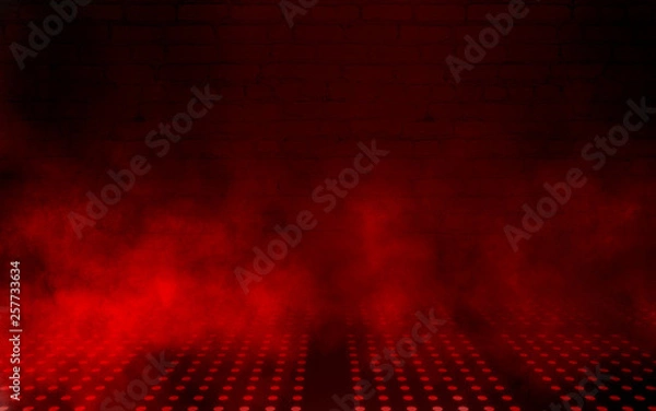 Fototapeta Empty scene background. Dark background of empty room, neon red light, concrete floor, smoke