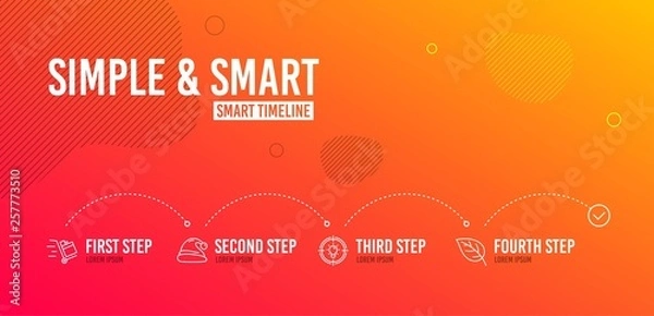 Obraz Infographic timeline. Santa hat, Push cart and Idea icons simple set. Leaf sign. Christmas, Express delivery, Solution. Environmental. 4 steps layout. Line santa hat icon. Vector
