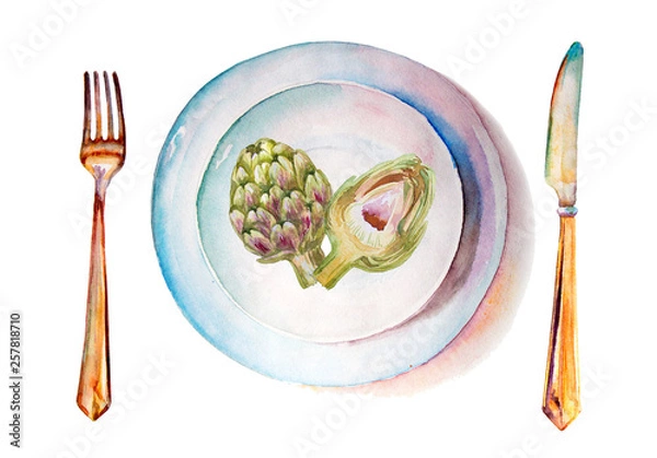Obraz Fresh Artichokes isolated on white background. Plates, a spoon, a fork, a knife, cutlery