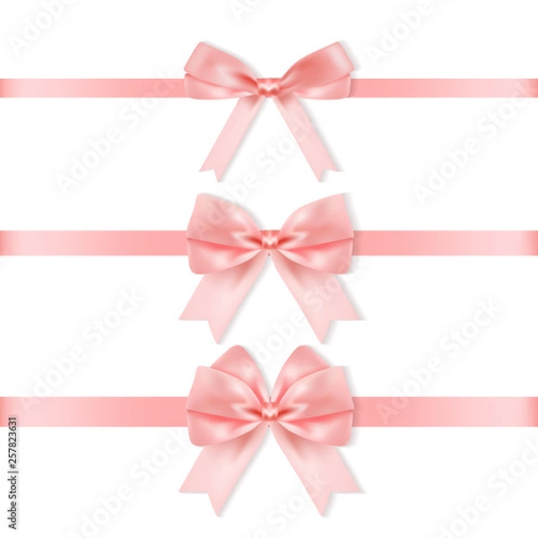 Obraz Set of decorative pink bows with horizontal ribbons isolated on white background. Vector decor. 