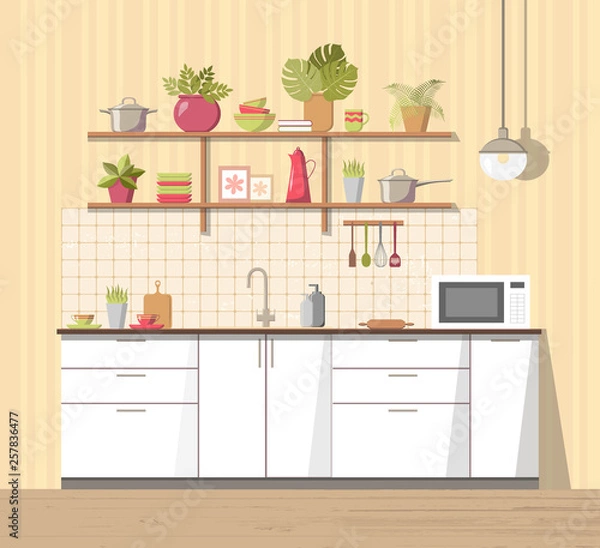 Fototapeta White cosy kitchen interior with furniture, sink, lamp and microwave oven, big shelf with different plant, dishes - teapot, pan, bowls, mugs, utensils. Modern flat style vector, isolated