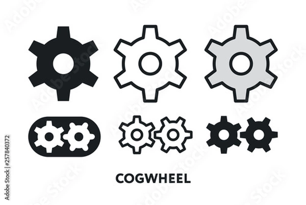 Obraz Cogwheel Gear Mechanism Flat Line Vector Icon Set. Work Process Progress Concept. 