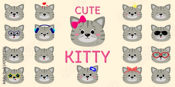 Fototapeta Cute gray striped cat, mega set of different emotions. Cartoon style, flat design, vector illustration