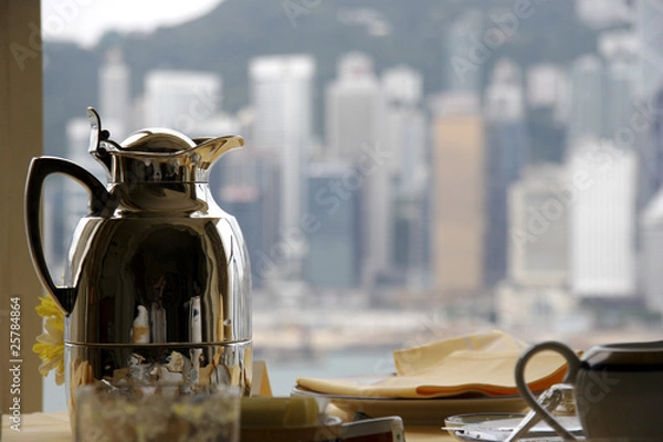 Fototapeta Coffee pot in hotel overlooking Hong Kong harbor