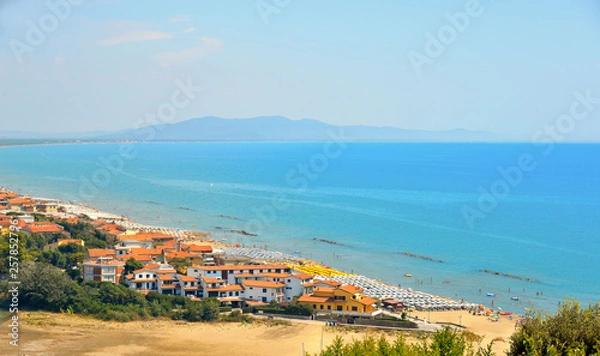 Fototapeta Italy, Tuscany, Castiglione della Pescaia, Maremma Grosseto Tuscany, Panoramic view of the coast, beach and sea, from the castle overlooking the new village 