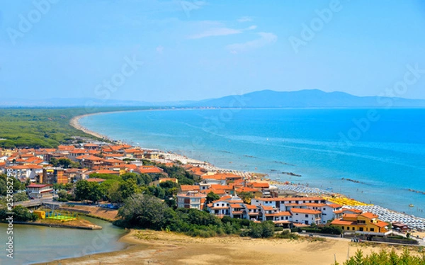Fototapeta Italy, Tuscany, Castiglione della Pescaia, Maremma Grosseto Tuscany, Panoramic view of the coast, beach and sea, from the castle overlooking the new village 
