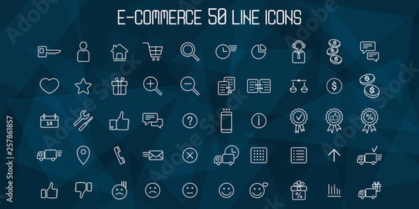 Obraz E-commerce line icons on triangle background. Shopping online 50 icons set. Vector illustration.