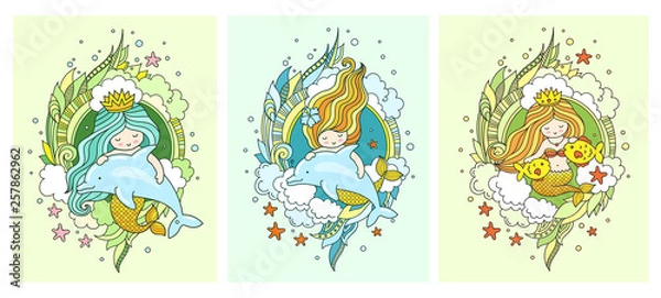 Fototapeta Little kawaii princess mermaids, dolphins, fish. Set of postacards. Under the sea. Siren, surrounded by green seaweed, clouds and starfish. Vector illustration.