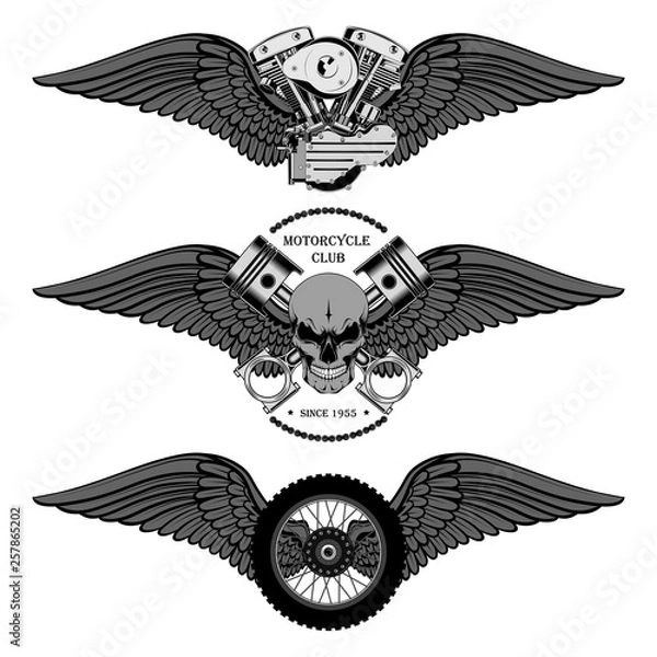 Obraz Set of vector images skull with wings and pistons, motorcycle wheel with wings, engine with wings.