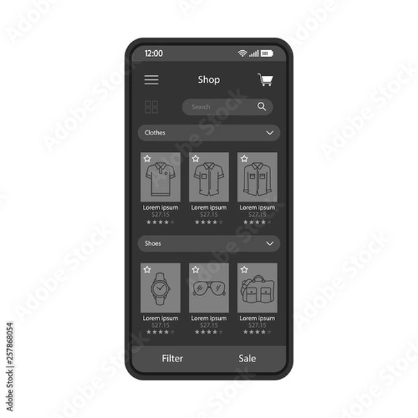 Fototapeta Online clothing shop smartphone interface vector template