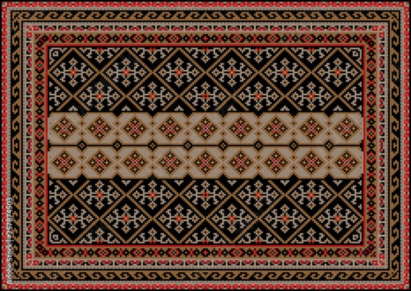 Fototapeta Luxury antique oriental carpet in brown and black shades with beige stripe in the center and gray with red patterns