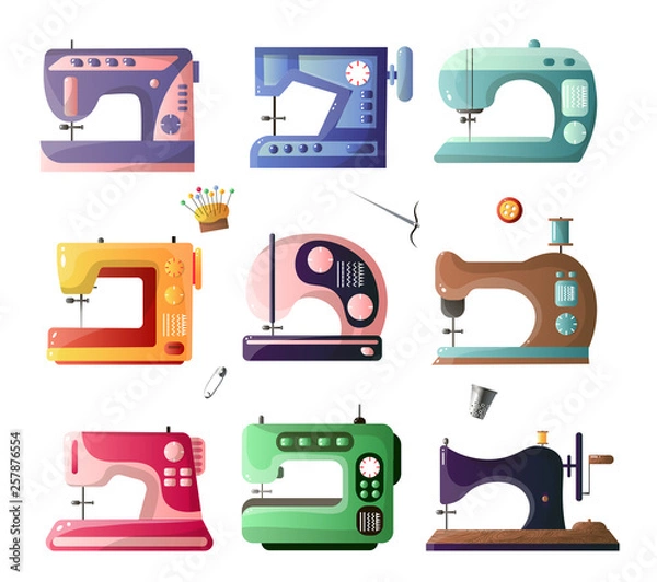 Fototapeta Sewing machines with different options set isolated on white background