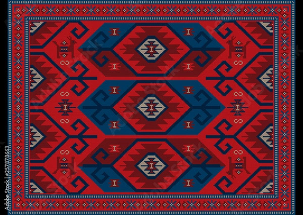Obraz Vintage luxury oriental carpet in red, blue shades with maroon and gray patterns on black background