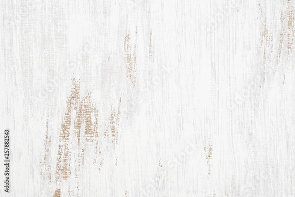 Obraz White painted wood texture seamless rusty grunge background, Scratched white paint on planks of wood wall.