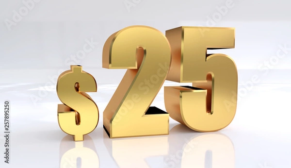 Fototapeta 25 dollar price symbol. red text number 3d render with dollar sign on white background - Illustration