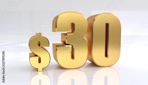 Fototapeta 30 dollar price symbol. red text number 3d render with dollar sign on white background - Illustration