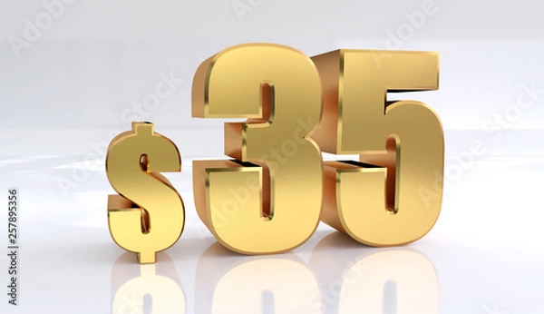 Fototapeta 35 dollar price symbol. red text number 3d render with dollar sign on white background - Illustration