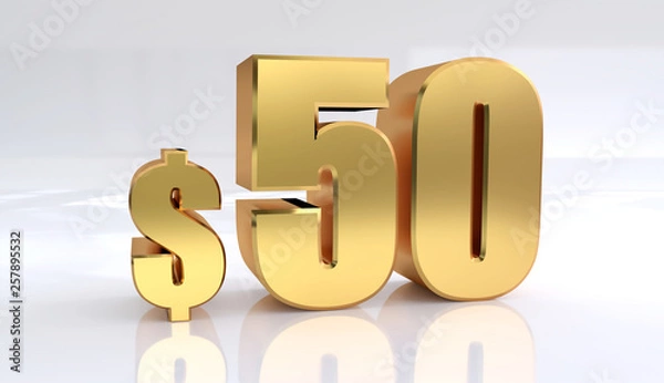 Fototapeta 50 dollar price symbol. red text number 3d render with dollar sign on white background - Illustration