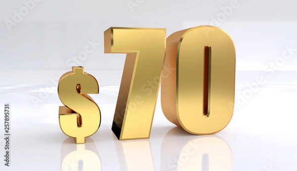 Fototapeta 70 dollar price symbol. red text number 3d render with dollar sign on white background - Illustration