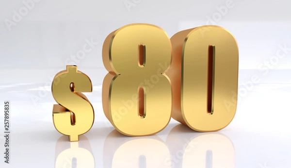 Fototapeta 80 dollar price symbol. red text number 3d render with dollar sign on white background - Illustration