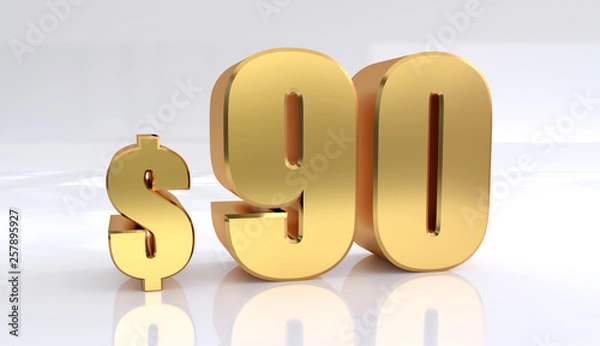 Fototapeta 90 dollar price symbol. red text number 3d render with dollar sign on white background - Illustration