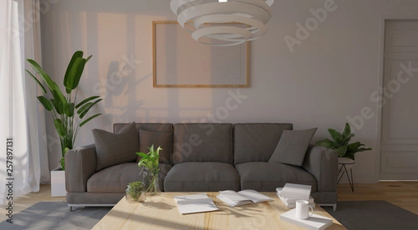 Fototapeta Modern living room interior with sofa and green plants,lamp,table on living coral color of the Year 2019,3d rendering.