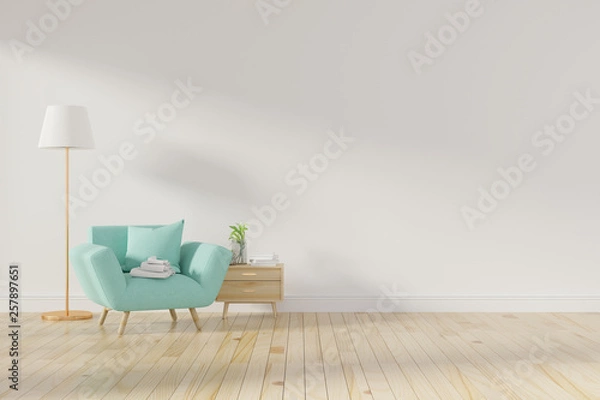 Fototapeta Living room interior wall mock up with pink tufted armchair, pastel pillow, standing lamp and flowers in vase on neutral empty warm white background. Free space on left. 3D rendering. - Illustration