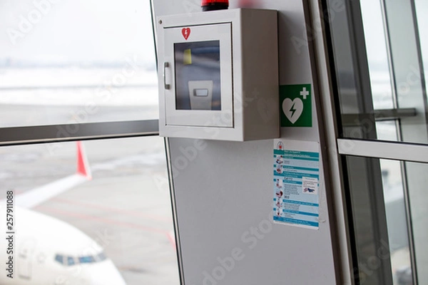 Fototapeta defibrillator attached to the wall at the airport