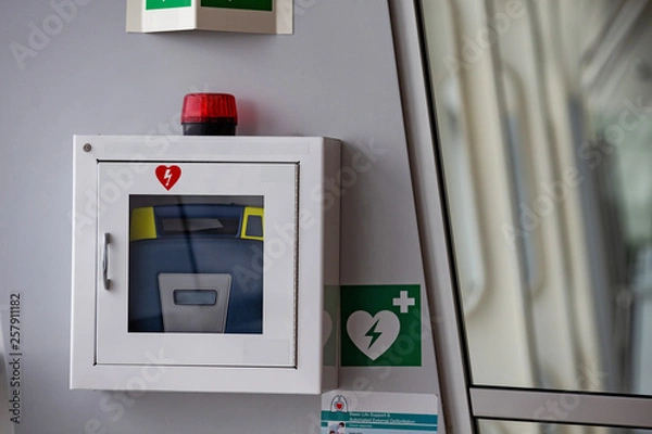 Fototapeta defibrillator attached to the wall at the airport