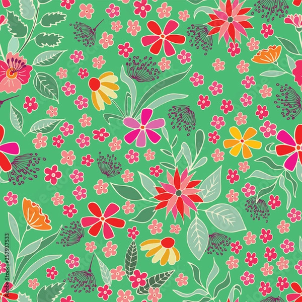 Fototapeta Seamless pattern with flowers and leaves on a green background