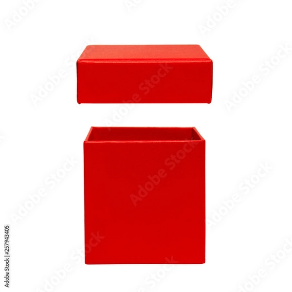 Fototapeta Christmas and New Year's Day. Open red gift box isolated. Happy Birthday Concept. Front view.