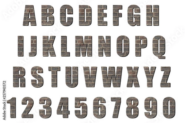 Fototapeta Latin alphabet and numbers with black substrate. Font with background of wall of gray brick