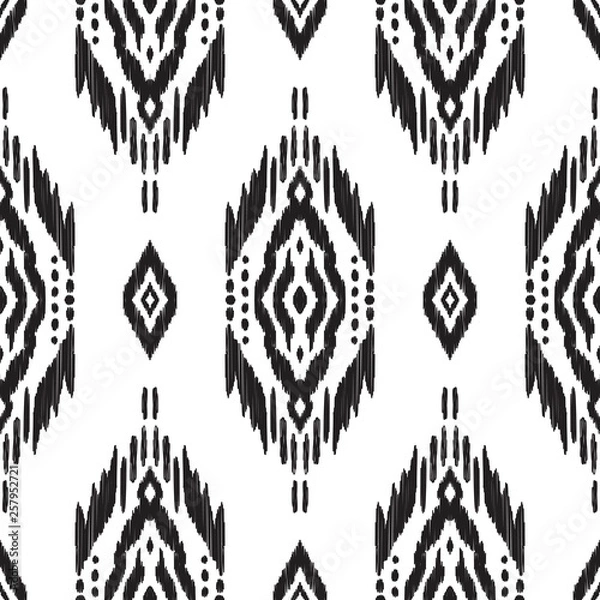 Obraz Black and white seamless background. Ethnic ikat, navajo, cherokee ornament. Vector illustration. Tribal pattern. Can be used for textile, wallpaper, wrapping paper, greeting card backdrop, print.