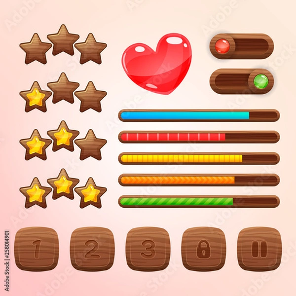 Fototapeta Cartoon wooden game assets, kit for game ui development, vector gui elements in wooden frame. Set of different elements for game: progress bar, slider, stars, levels, pause.