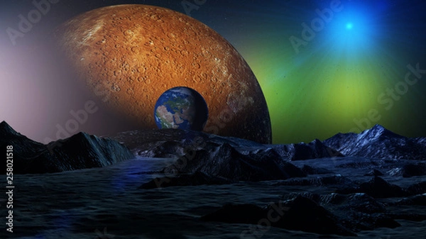 Fototapeta 3d rendering planet earth and mars on moon ground