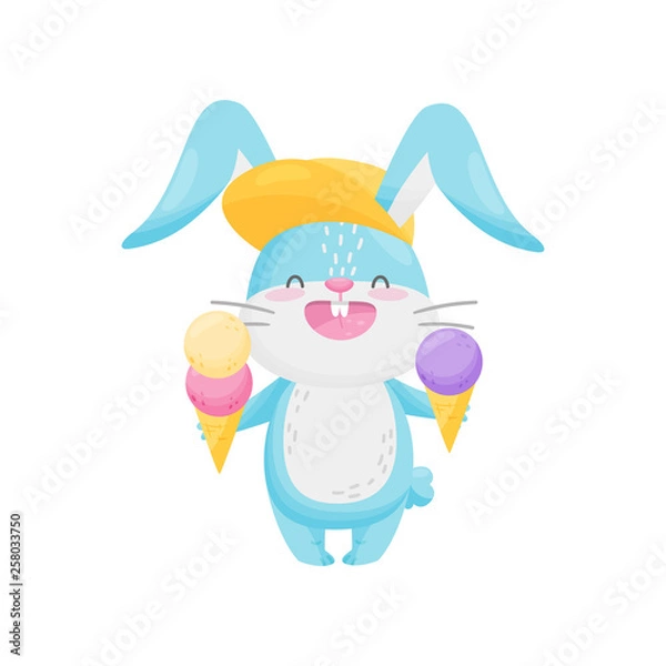 Fototapeta Rabbit with ice cream on white background.