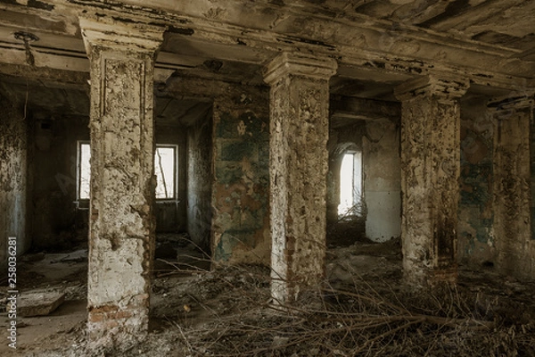 Fototapeta Mystical interior, ruins of an abandoned ruined building of house of culture, theater of USSR. Old destroyed walls, corridor with garbage and dirt. Destroyed molding, plaster ornaments, bas-relief