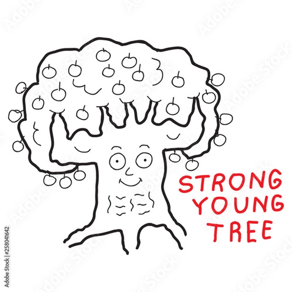Obraz Cartoon doodle illustration of cute strong tree for coloring book, t-shirt print design, greeting card