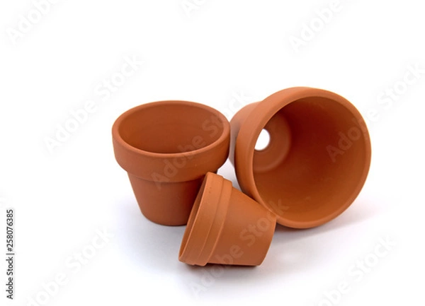 Fototapeta Drei Blumentöpfe aus Terrakotta vor weißem Hintergrund