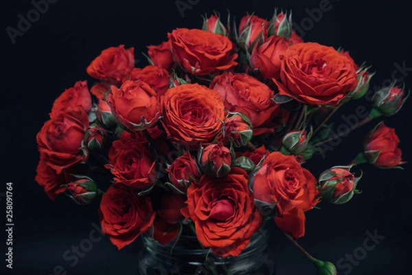 Fototapeta czerwony miniaturowy bukiet róż na czarnym tle