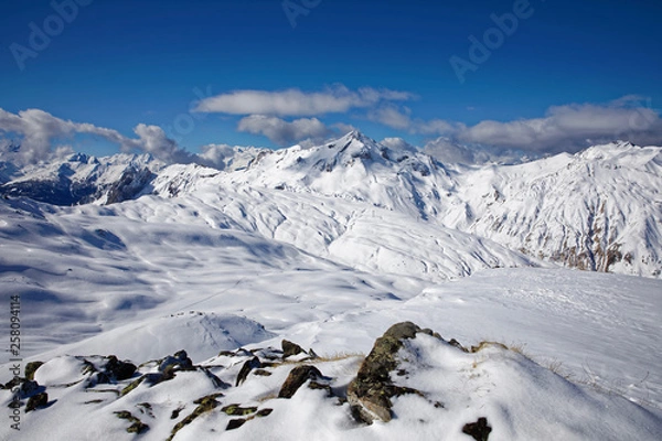 Fototapeta Val Thorens, France - March 5, 2019: Val Thorens, located in the Tarentaise Valley, Savoie, French Alps, is the highest ski resort in Europe