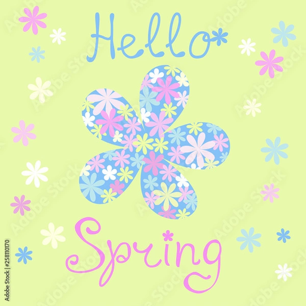 Fototapeta Hello Spring hand sketched logotype with flowers for greeting card, banners, invitation, congratulation cards, gift package, template, flyers