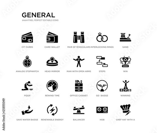 Fototapeta set of 20 black filled vector icons such as chef hat with a pencil, winning, win, sand, hob, balancer, analog stopwatch, interlocking rings, pair of binoculars, card wallet. general black icons