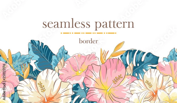 Obraz Seamless border pattern with sketch colorful blossoms. Seamless stripe with hand drawn hibiscus flowers and palm leaves. Vector illustration
