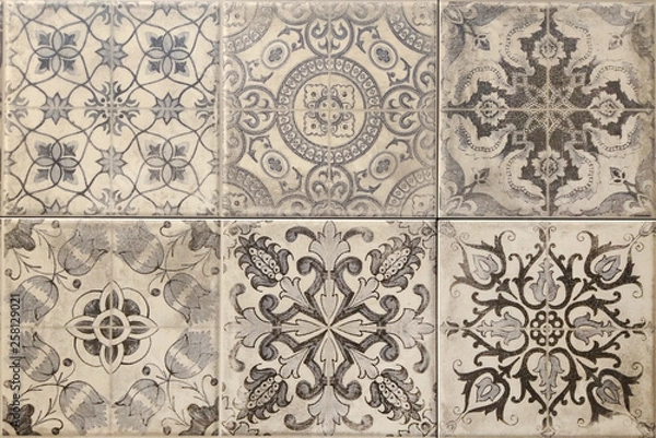 Fototapeta Ceramic wall and floor tiles, talavera pattern, ajulejo artwork, ethnic background