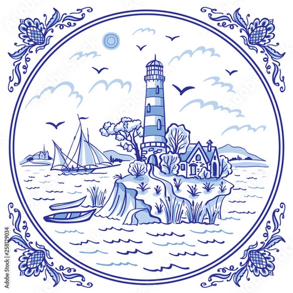 Fototapeta Landscape with a lighthouse. ship and boats, cobalt painting in the traditional Dutch style, Delft, Gzhel, tiles, design for porcelain tableware.