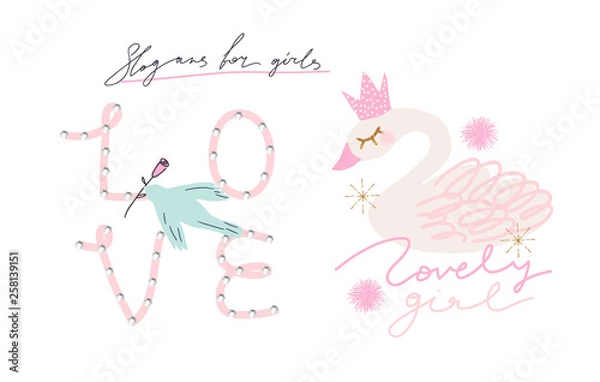 Fototapeta Cute slogan and illustrations for kids. Typography and hand drawn slogans for tee shirt. Vector graphic for tee printing