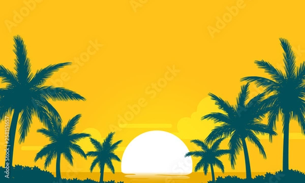 Obraz summer sunset yellow sky with silhouette coconut palm vector background